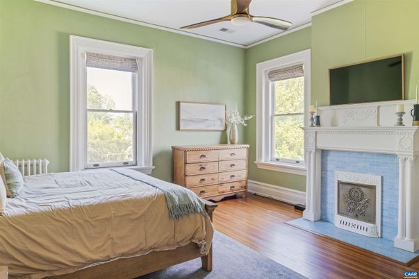 Bedroom, Fireplace, Interior, Wood Texture Flooring