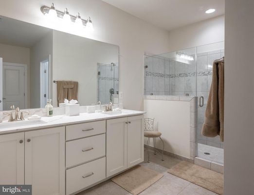Bathroom, Dual Sink Vanities, Glass Shower, Interior, Recessed Lighting