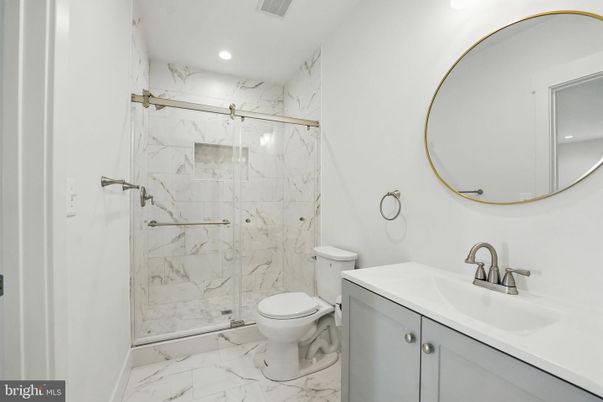 Bathroom, Glass Shower, Interior, Marble, Marble Walls, Recessed Lighting