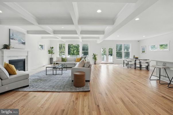 Dining room, Fireplace, Interior, Living room, Recessed Lighting, Wood Texture Flooring