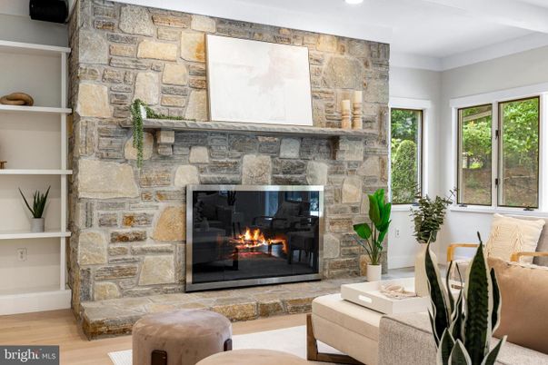 Fireplace, Interior, Recessed Lighting, Stone Walls, Wood Texture Flooring