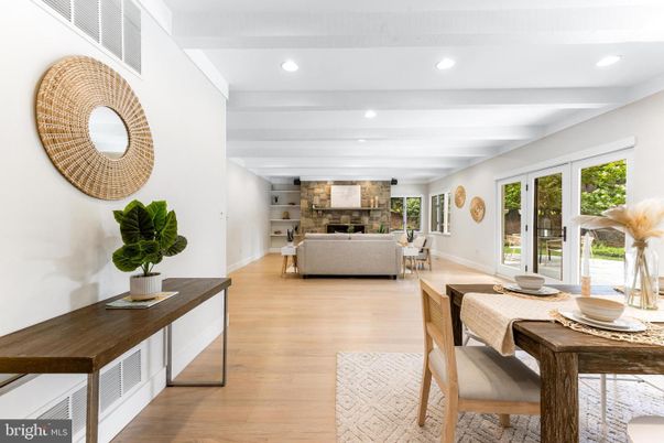 Dining room, Fireplace, Interior, Living room, Recessed Lighting, Wood Texture Flooring