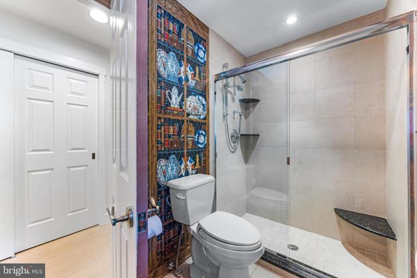 Bathroom, Glass Shower, Interior, Recessed Lighting, Wood Texture Flooring