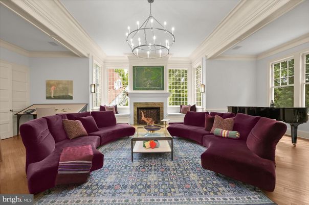 Chandelier, Fireplace, Interior, Living room, Pendant Lights, Piano, Wood Texture Flooring