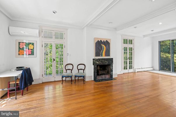 Empty room, Fireplace, Home Office, Interior, Recessed Lighting, Wood Texture Flooring