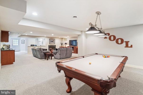 Billiard Table, Fireplace, Game Room, Interior, Living room, Pendant Lights, Recessed Lighting