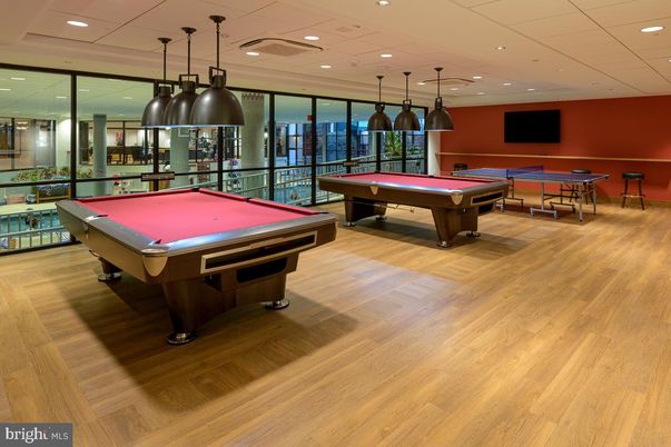 Billiard Table, Game Room, Interior, Pendant Lights, Recessed Lighting, Wood Texture Flooring