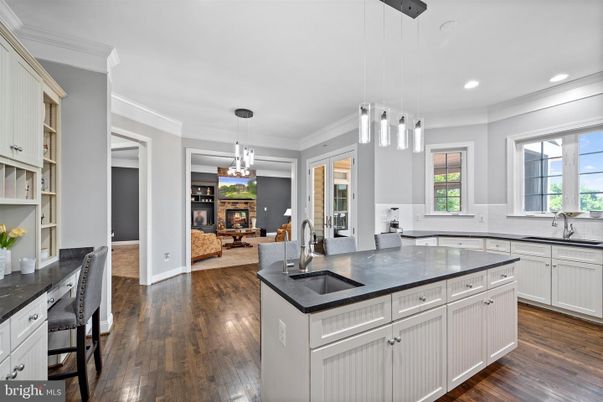 Fireplace, Interior, Kitchen, Living room, Pendant Lights, Recessed Lighting, Wood Texture Flooring