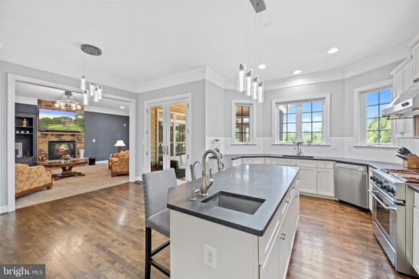 Fireplace, Interior, Kitchen, Living room, Pendant Lights, Recessed Lighting, Stainless Steel Appliances, Wood Texture Flooring
