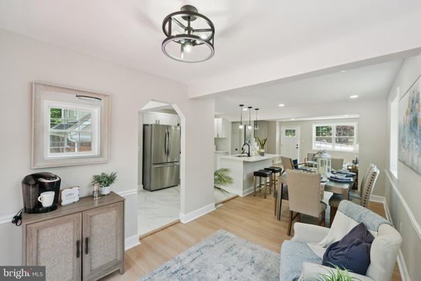 Dining room, Interior, Kitchen, Marble, Pendant Lights, Recessed Lighting, Stainless Steel Appliances, Wood Texture Flooring