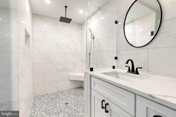 Bathroom, Glass Shower, Interior, Marble Walls, Recessed Lighting