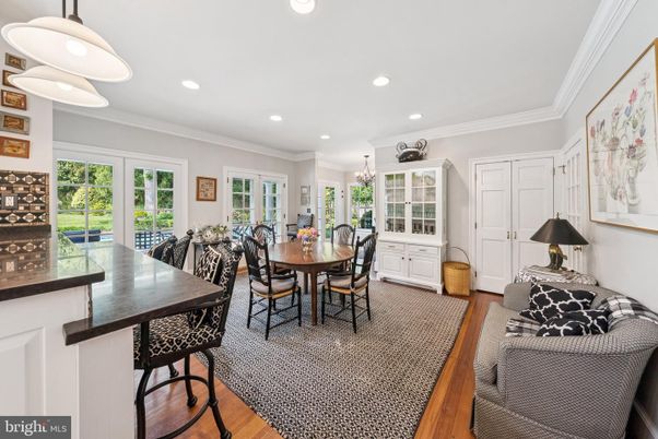 Dining room, Interior, Pendant Lights, Recessed Lighting, Wood Texture Flooring