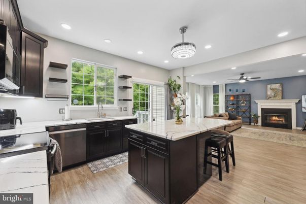 Fireplace, Interior, Kitchen, Recessed Lighting, Wood Texture Flooring