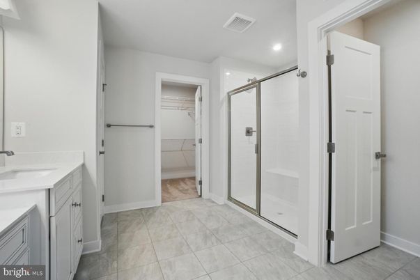 Bathroom, Dual Sink Vanities, Glass Shower, Interior, Recessed Lighting