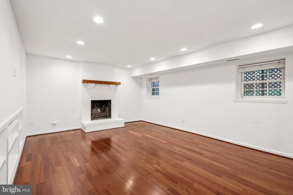 Empty room, Fireplace, Interior, Recessed Lighting, Wood Texture Flooring