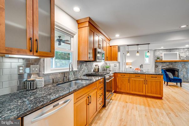 Fireplace, Interior, Kitchen, Pendant Lights, Recessed Lighting, Stone Walls, Wood Texture Flooring