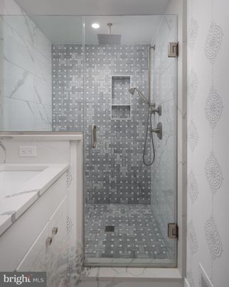 Bathroom, Glass Shower, Interior, Marble Walls, Recessed Lighting