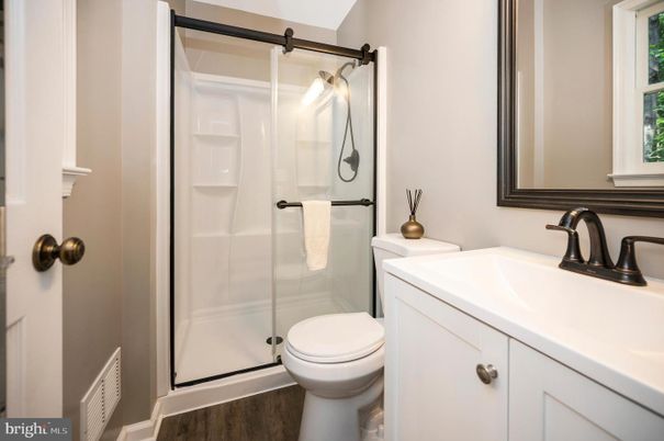 Bathroom, Glass Shower, Interior, Wood Texture Flooring