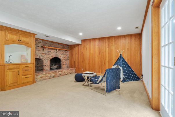Fireplace, Interior, Recessed Lighting, Stone Walls, Wooden Walls