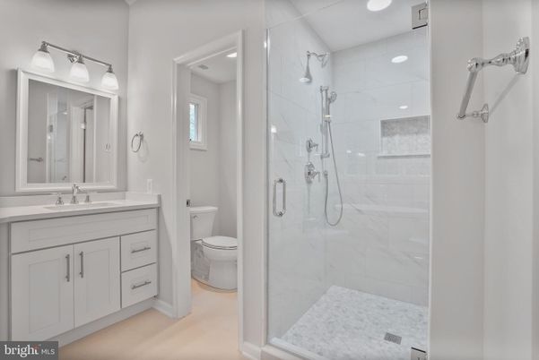 Bathroom, Glass Shower, Interior, Marble Walls, Recessed Lighting