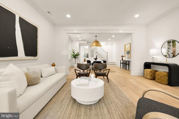 Dining room, Interior, Living room, Pendant Lights, Recessed Lighting, Wood Texture Flooring