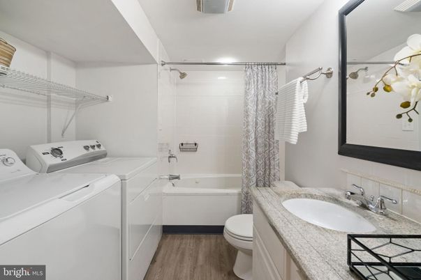 Bathroom, Interior, Recessed Lighting, Washer, Wood Texture Flooring