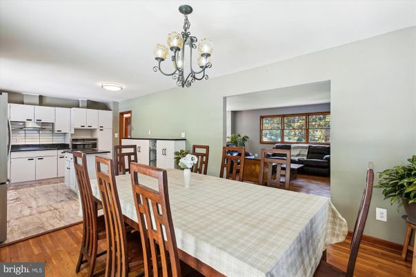 Chandelier, Dining room, Interior, Kitchen, Stainless Steel Appliances, Wood Texture Flooring