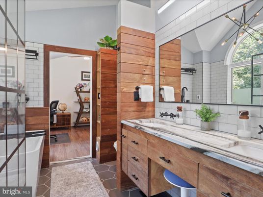 Bathroom, Dual Sink Vanities, Interior, Wood Texture Flooring, Wooden Walls