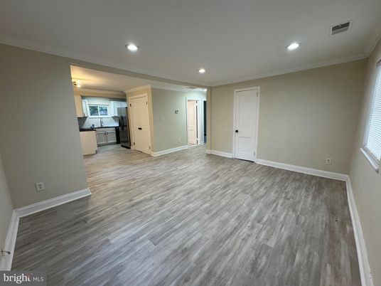 Empty room, Interior, Kitchen, Recessed Lighting, Wood Texture Flooring