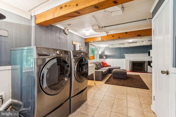Fireplace, Interior, Living room, Washer, Wooden Beams