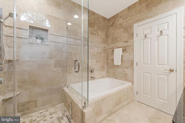 Bathroom, Glass Shower, Interior, Recessed Lighting, Stone Walls
