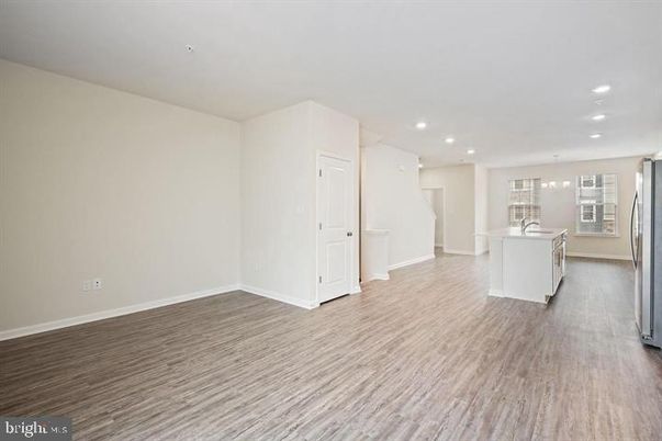 Empty room, Interior, Kitchen, Pendant Lights, Recessed Lighting, Wood Texture Flooring