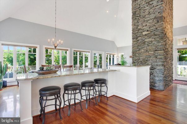 Interior, Pendant Lights, Recessed Lighting, Stone Walls, Wood Texture Flooring