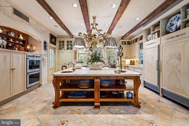 Chandelier, Interior, Kitchen, Recessed Lighting, Stainless Steel Appliances, Wooden Beams