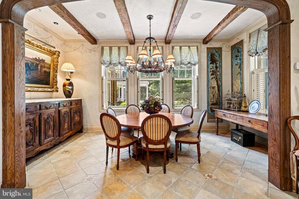 Chandelier, Dining room, Interior, Recessed Lighting, Wooden Beams