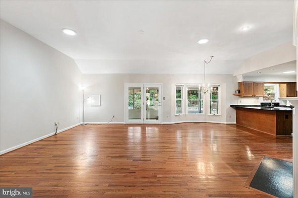 Chandelier, Empty room, Interior, Kitchen, Recessed Lighting, Wood Texture Flooring