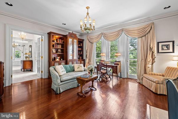 Chandelier, Home Office, Interior, Recessed Lighting, Wood Texture Flooring