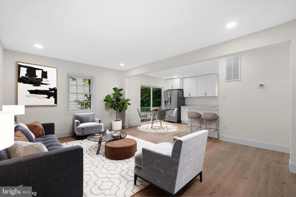 Dining room, Interior, Kitchen, Living room, Recessed Lighting, Stainless Steel Appliances, Wood Texture Flooring