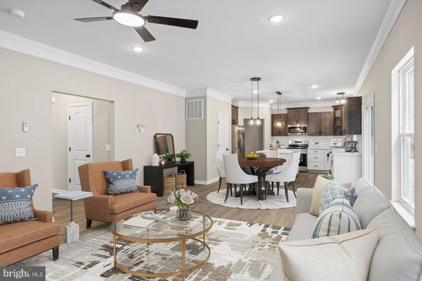 Dining room, Interior, Kitchen, Living room, Pendant Lights, Recessed Lighting, Stainless Steel Appliances, Wood Texture Flooring