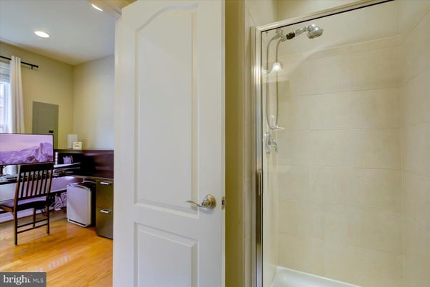 Bathroom, Glass Shower, Interior, Recessed Lighting, Wood Texture Flooring
