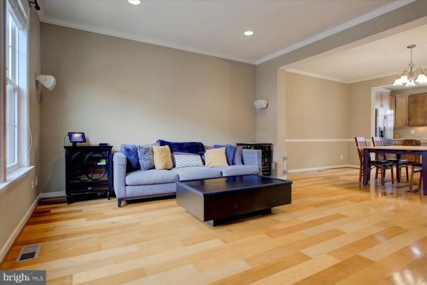 Chandelier, Dining room, Interior, Kitchen, Living room, Recessed Lighting, Wood Texture Flooring
