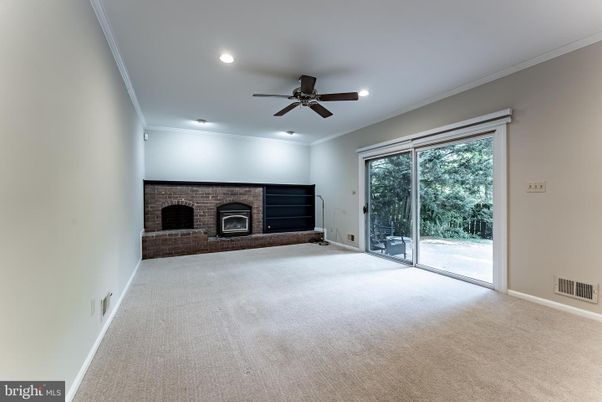 Empty room, Fireplace, Interior, Recessed Lighting, Stone Walls