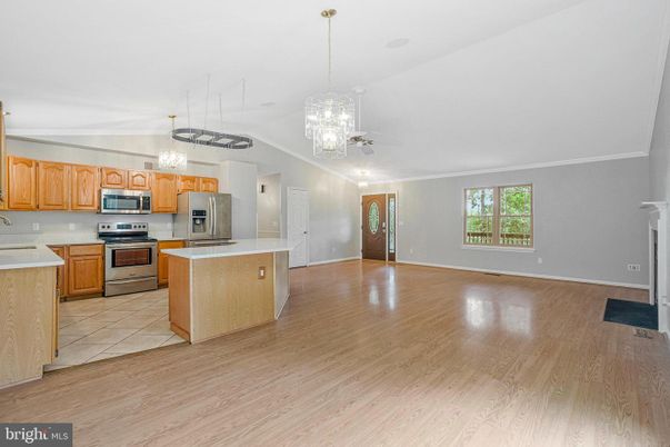 Chandelier, Interior, Kitchen, Pendant Lights, Stainless Steel Appliances, Wood Texture Flooring