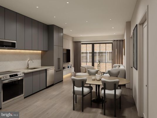 Dining room, Interior, Kitchen, Recessed Lighting, Stainless Steel Appliances, Wood Texture Flooring