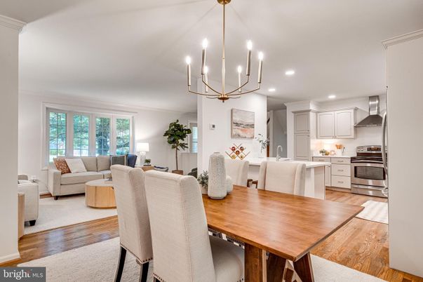 Chandelier, Dining room, Interior, Kitchen, Living room, Recessed Lighting, Stainless Steel Appliances, Wood Texture Flooring
