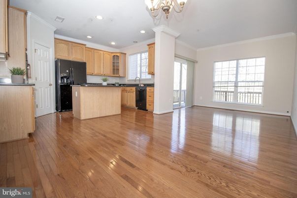 Chandelier, Empty room, Interior, Kitchen, Recessed Lighting, Wood Texture Flooring