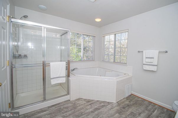 Bathroom, Glass Shower, Interior, Recessed Lighting, Wood Texture Flooring