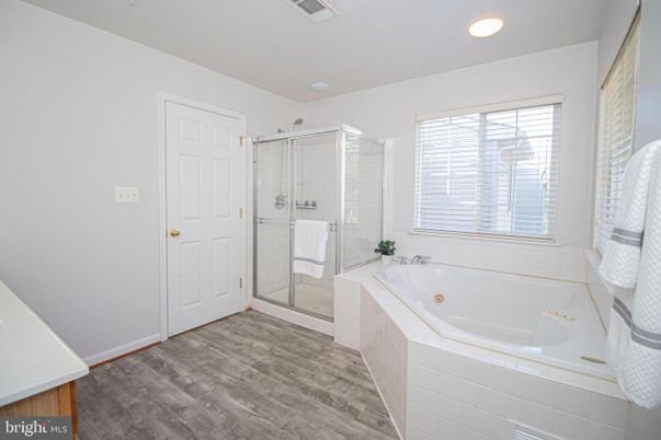 Bathroom, Glass Shower, Interior, Recessed Lighting, Wood Texture Flooring