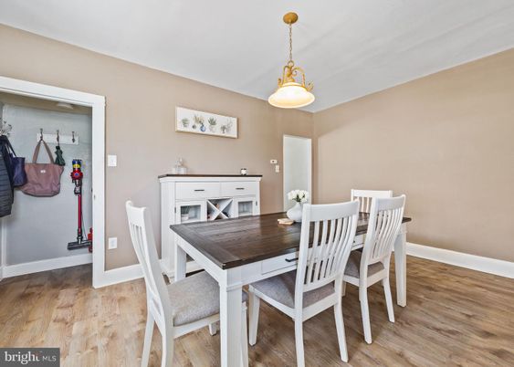 Dining room, Interior, Pendant Lights, Wood Texture Flooring