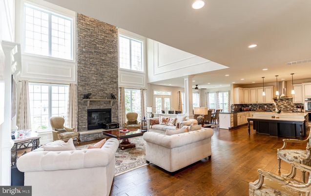 Dining room, Fireplace, Interior, Kitchen, Living room, Pendant Lights, Recessed Lighting, Stone Walls, Wood Texture Flooring